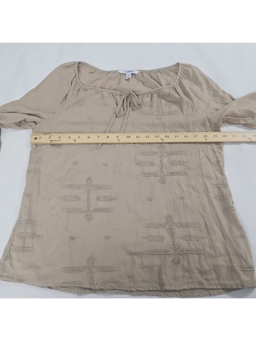 Old Navy Boho Peasant Blouse Medium Beige Embroidered Tie Neck Cottagecore Top - Picture 7 of 10